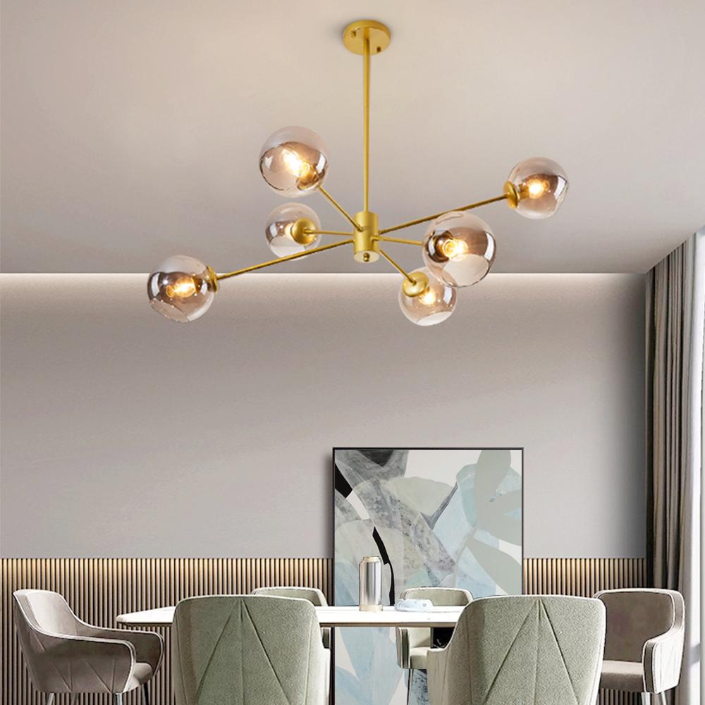 6 Light Sputnik Chandelier with Gray Glass Shade